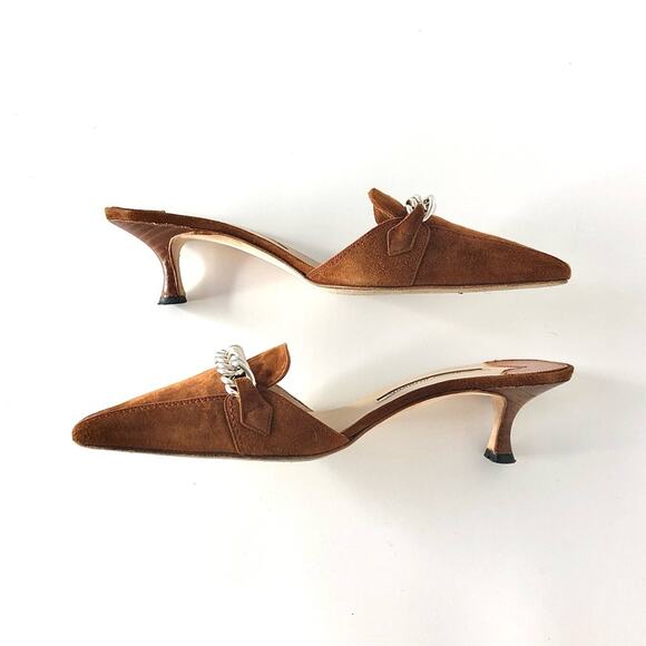 Manolo Blahnik Vintage Chain Link Brown Suede Kitten Heel Pointed Toe Mules 37 - Picture 7 of 12